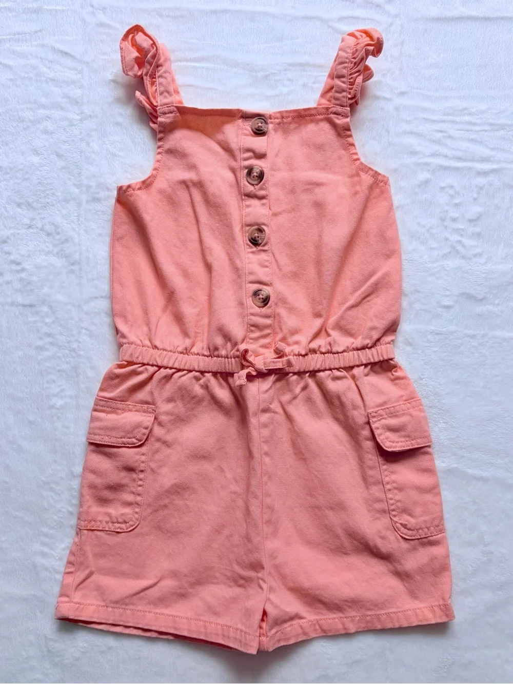 Girls 6X Peach Romper - Sleeveless Ruffle Strap One Piece Outfit W/ Pockets